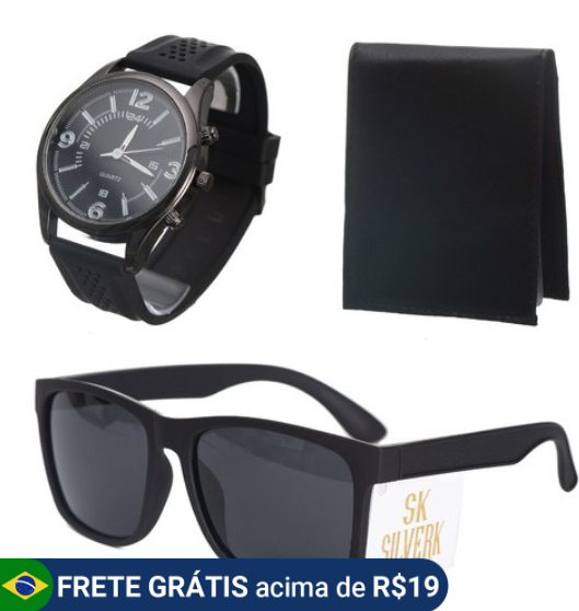 Kit Completo: Relógio Preto + Carteira Slim + Óculos Moderno por Apenas R$119,90!